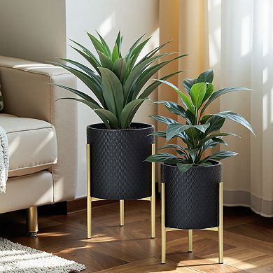 LuxenHome 2-Piece Diamond Pattern Round Metal Cachepot Planter Set, Black with Gold Stands
