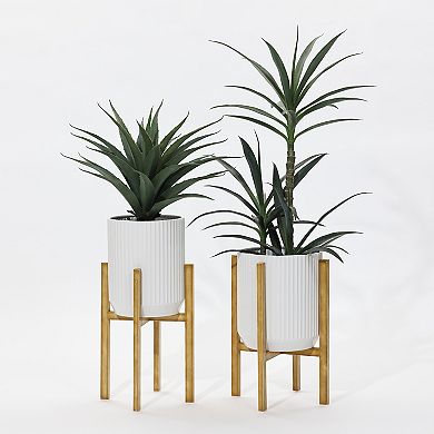 LuxenHome 2-Pc Textured Round White Metal Cachepot Planters with Gold Stands