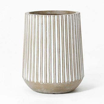 LuxenHome 12.6-Inch Round Brown and White Striped MgO Planter
