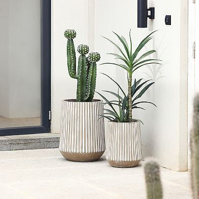 LuxenHome 17.1-Inch Round Brown and White Striped MgO Planter