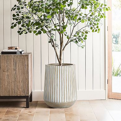 LuxenHome 17.1-Inch Round Brown and White Striped MgO Planter