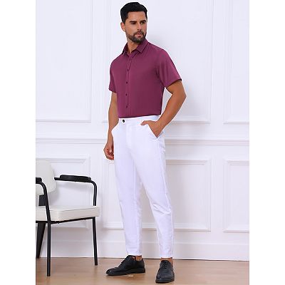 Men's Short Sleeve Stretchy Lightweight Solid Color Formal Button Down Dress  Shirt