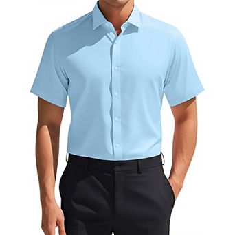 Men's Short Sleeve Stretchy Lightweight Solid Color Formal Button Down Dress Shirt