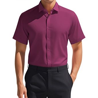Men's Short Sleeve Stretchy Lightweight Solid Color Formal Button Down Dress Shirt