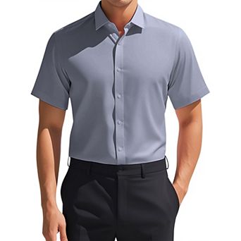 Men's Short Sleeve Stretchy Lightweight Solid Color Formal Button Down Dress Shirt