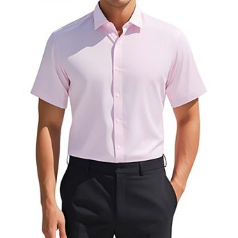 Men's Short Sleeve Stretchy Lightweight Solid Color Formal Button Down Dress Shirt