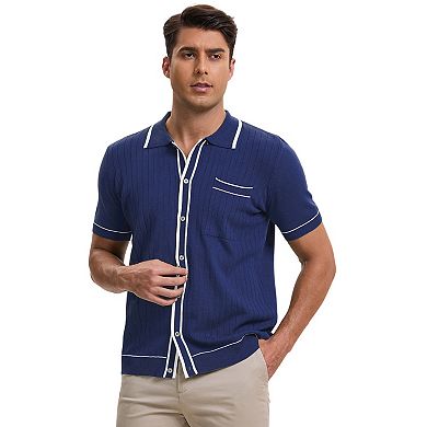 Men's Knit Shirt Button Down Short Sleeve Lightweight Casual Summer Vintage Knited Polo Shirts