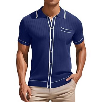 Men's Knit Shirt Button Down Short Sleeve Lightweight Casual Summer Vintage Knited Polo Shirts