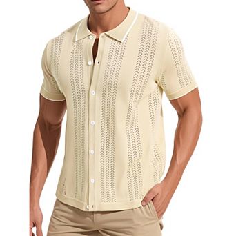 Men's Knit Shirt Button Down Short Sleeve Lightweight Casual Summer Vintage Knited Polo Shirts