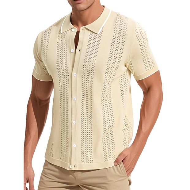 Men's Knit Shirt Button Down Short Sleeve Lightweight Casual