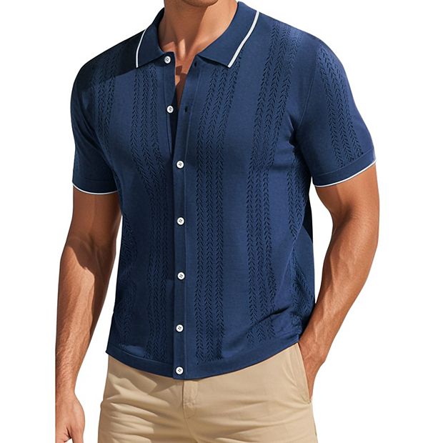 Men's Knit Shirt Button Down Short Sleeve Lightweight Casual