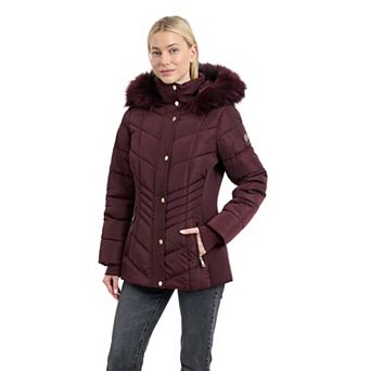 Women's London Fog Faux Fur Trimmed Puffer Coat