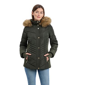 Women's London Fog Faux Fur Trimmed Puffer Coat