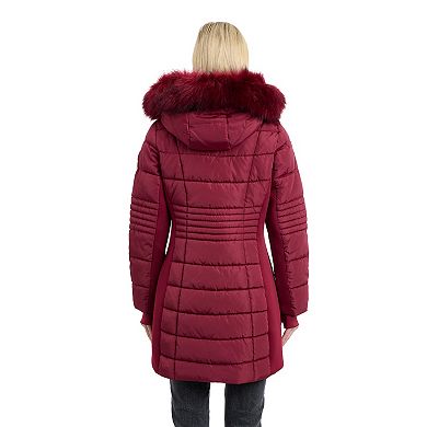 Women's London Fog Hooded Long Puffer Coat with Faux Fur Trim