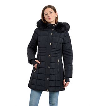 Women's London Fog Hooded Long Puffer Coat with Faux Fur Trim