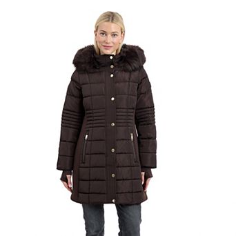 Women's London Fog Hooded Long Puffer Coat with Faux Fur Trim