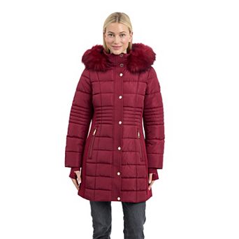 Women's London Fog Hooded Long Puffer Coat with Faux Fur Trim