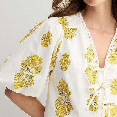 Women's MNK Bubble Sleeve Front Tie Top