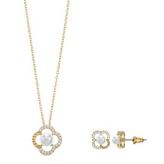 Gold Tone Cubic Zirconia Simulated Pearl Necklace & Stud Earrings Set