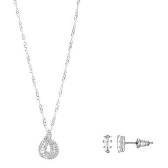 Silver Tone Cubic Zirconia Necklace & Stud Earrings Set