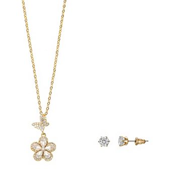 Gold Tone Cubic Zirconia Motif Necklace & Stud Earrings Set