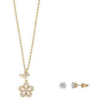 Gold Tone Cubic Zirconia Motif Necklace & Stud Earrings Set