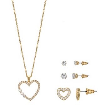 Gold Tone Cubic Zirconia Open Heart Necklace & 3 pc Stud Earring Set