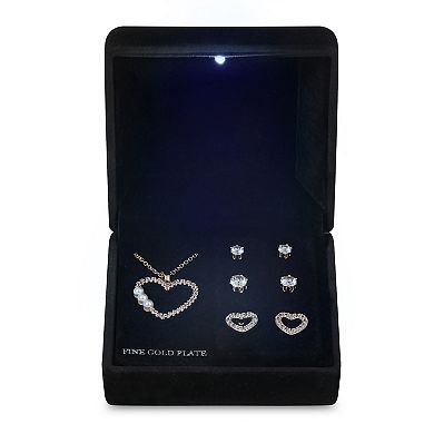 Gold Tone Cubic Zirconia Open Heart Necklace & 3-Piece Stud Earring Set