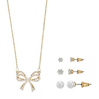 Gold Tone Cubic Zirconia Bow Necklace & 3 pc Stud Earring Set