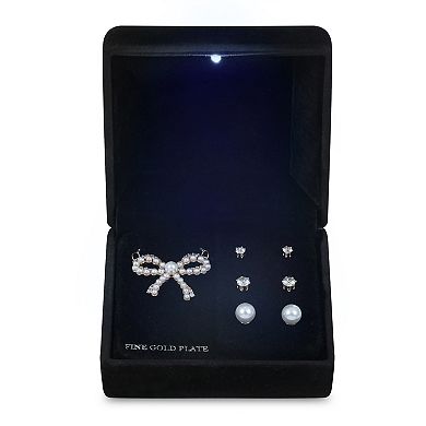 Gold Tone Cubic Zirconia Bow Necklace & 3-Piece Stud Earring Set
