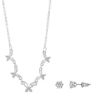 Silver Tone Cubic Zirconia Butterfly Necklace & Stud Earrings Set