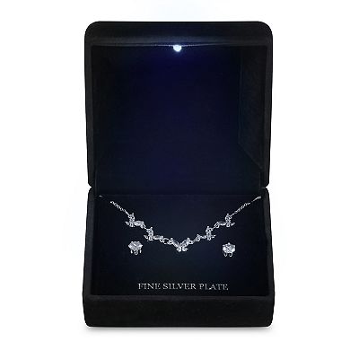 Silver Tone Cubic Zirconia Butterfly Necklace & Stud Earrings Set