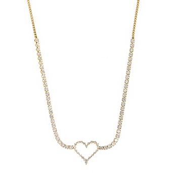 Gold Tone Cubic Zirconia Open Heart Tennis Necklace