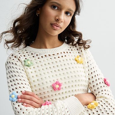 Girls 7-16 IZ Byer Long Sleeve Crewneck 3D Crochet Pullover Sweater