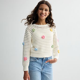 Girls 7-16 IZ Byer Long Sleeve Crewneck 3D Crochet Pullover Sweater with Camisole
