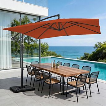 8*8 Ft Beige Steel Crank-lift Cantilever Umbrella with Weighted Base