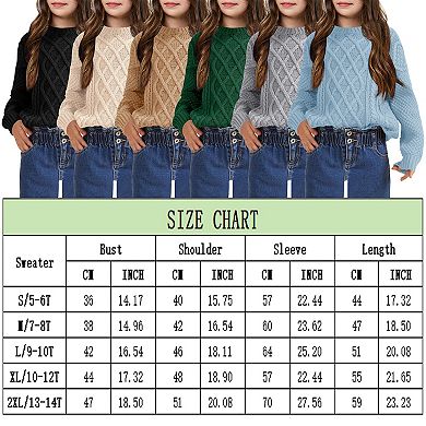 Girls Long Sleeve Cable Knit Sweater Crewneck Pullover Sweaters Kids Chunky Cute Fall Jumper Tops