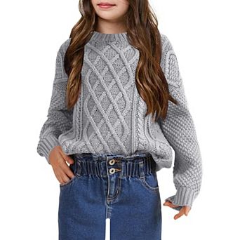 Girls Long Sleeve Cable Knit Sweater Crewneck Pullover Sweaters Kids Chunky Cute Fall Jumper Tops