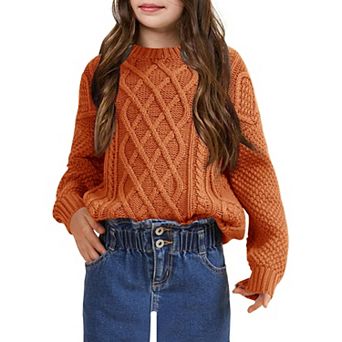 Girls Long Sleeve Cable Knit Sweater Crewneck Pullover Sweaters Kids Chunky Cute Fall Jumper Tops