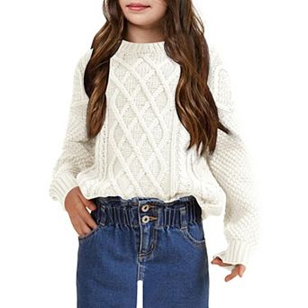Girls Long Sleeve Cable Knit Sweater Crewneck Pullover Sweaters Kids Chunky Cute Fall Jumper Tops