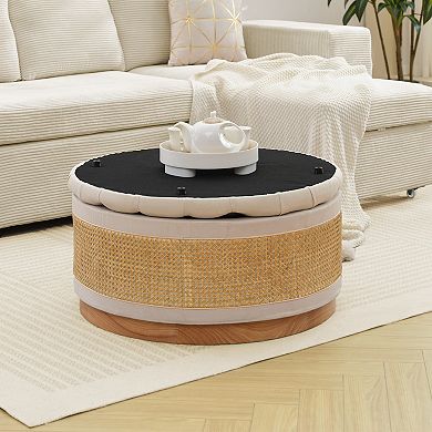 SERWALL Rustic Style Rattan Round Storage Ottoman, Linen Button-tufted Upholstery