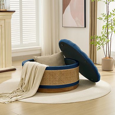 SERWALL Rustic Style Rattan Round Storage Ottoman, Linen Button-tufted Upholstery
