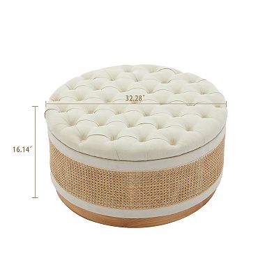 SERWALL Rustic Style Rattan Round Storage Ottoman, Linen Button-tufted Upholstery