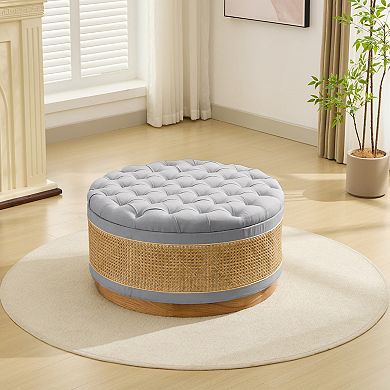 SERWALL Rustic Style Rattan Round Storage Ottoman, Linen Button-tufted Upholstery