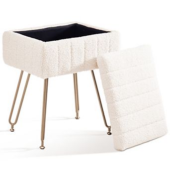 Plush Teddy Ottoman with Storage, Lift-Top Seat, Vanity Stool for Cozy Bedroom