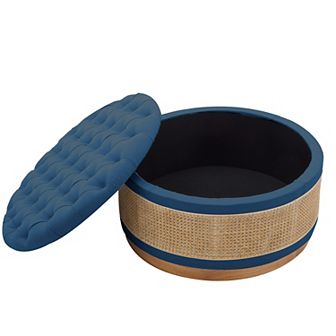 Rustic Style Rattan Round Storage Ottoman, Linen Button-tufted Upholstery