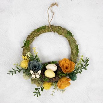 Northlight 12 in Easter Egg and Bird Nest Wreath with Wooden Flowers