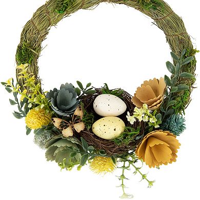 Northlight 12-in. Easter Egg and Bird Nest Wreath with Wooden Flowers