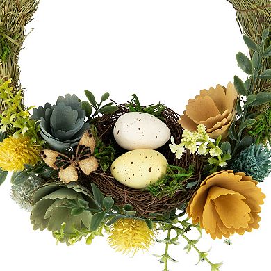 Northlight 12-in. Easter Egg and Bird Nest Wreath with Wooden Flowers