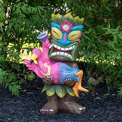 Northlight 15" Outdoor Garden Tiki with Flamingo Solar Statue